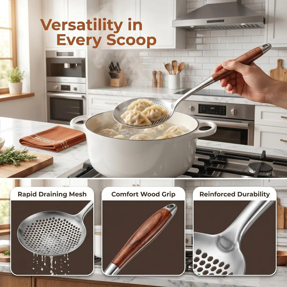 Wooden Handle Stainless Steel Skimmer